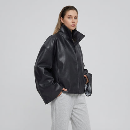 Relaxed faux-leather zip-up jacket product photo 31