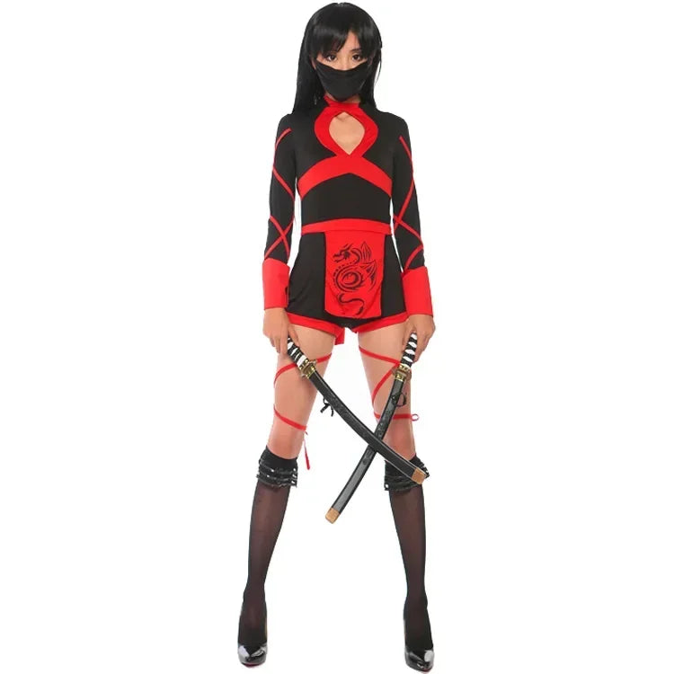 A woman modeling a black and red ninja-inspired costume with a long-sleeve top, matching shorts, black thigh-high stockings, a black face mask, and two swords crossed in front, against a plain white background.