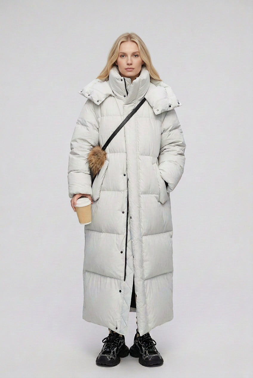 Aspen hooded puffer coat in a long winter silhouette