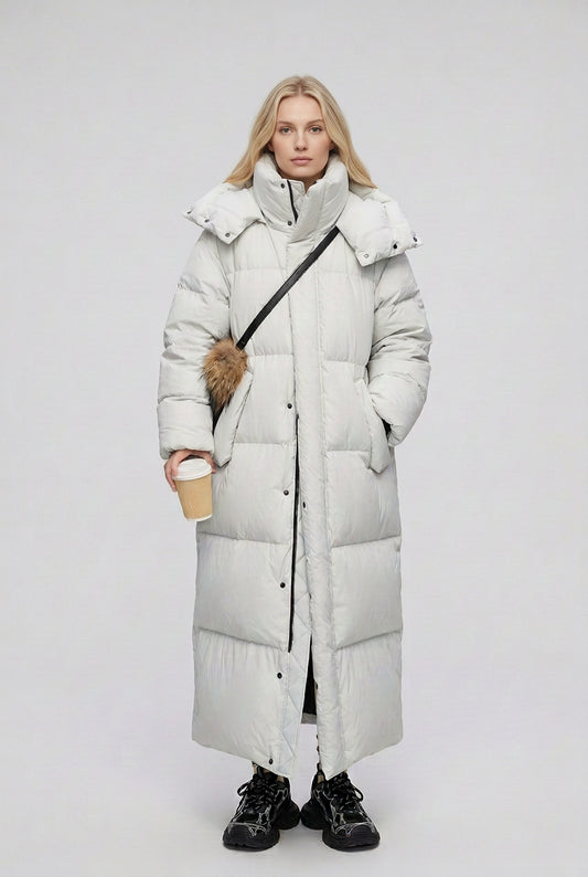 Aspen hooded puffer coat in a long winter silhouette