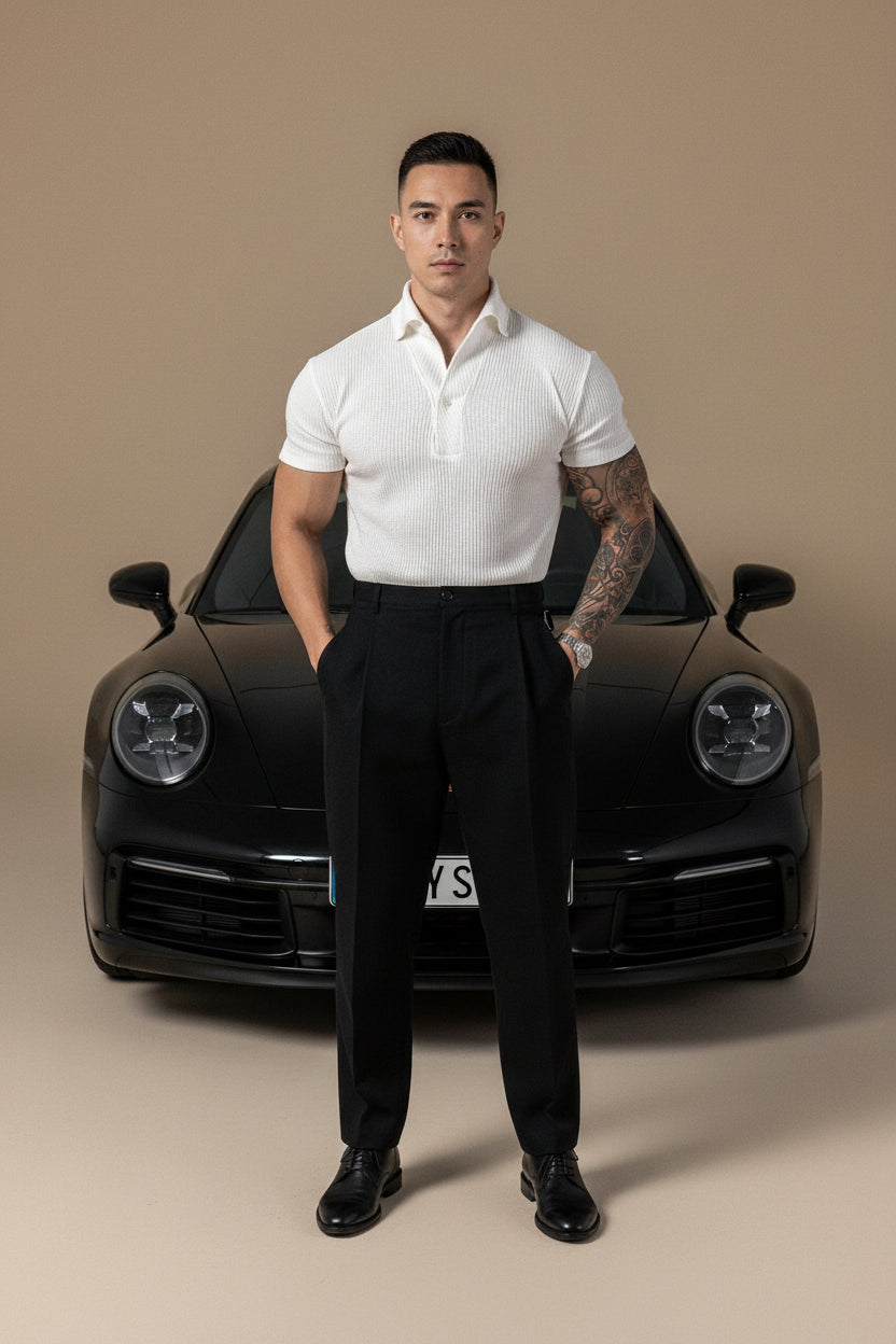 men's ribbed polo shirt, fitted polo shirt, knit polo shirt, short sleeve polo shirt, men's casual polo, slim fit polo shirt, stretch polo shirt, men's smart casual clothing, ribbed knit polo, spread collar polo shirt, men's summer polo, men's fashion polo, breathable polo shirt, men's wardrobe essentials, modern men's clothing
