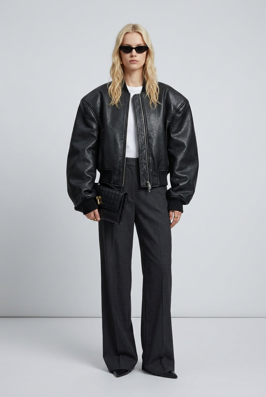 Black jacket with stand collar and double-zip front detail