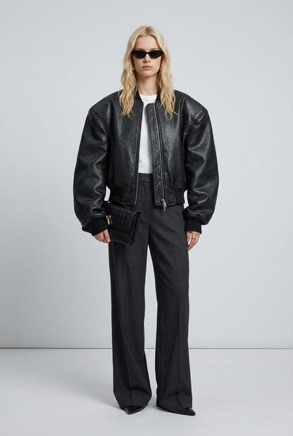 Black jacket with stand collar and double-zip front detail