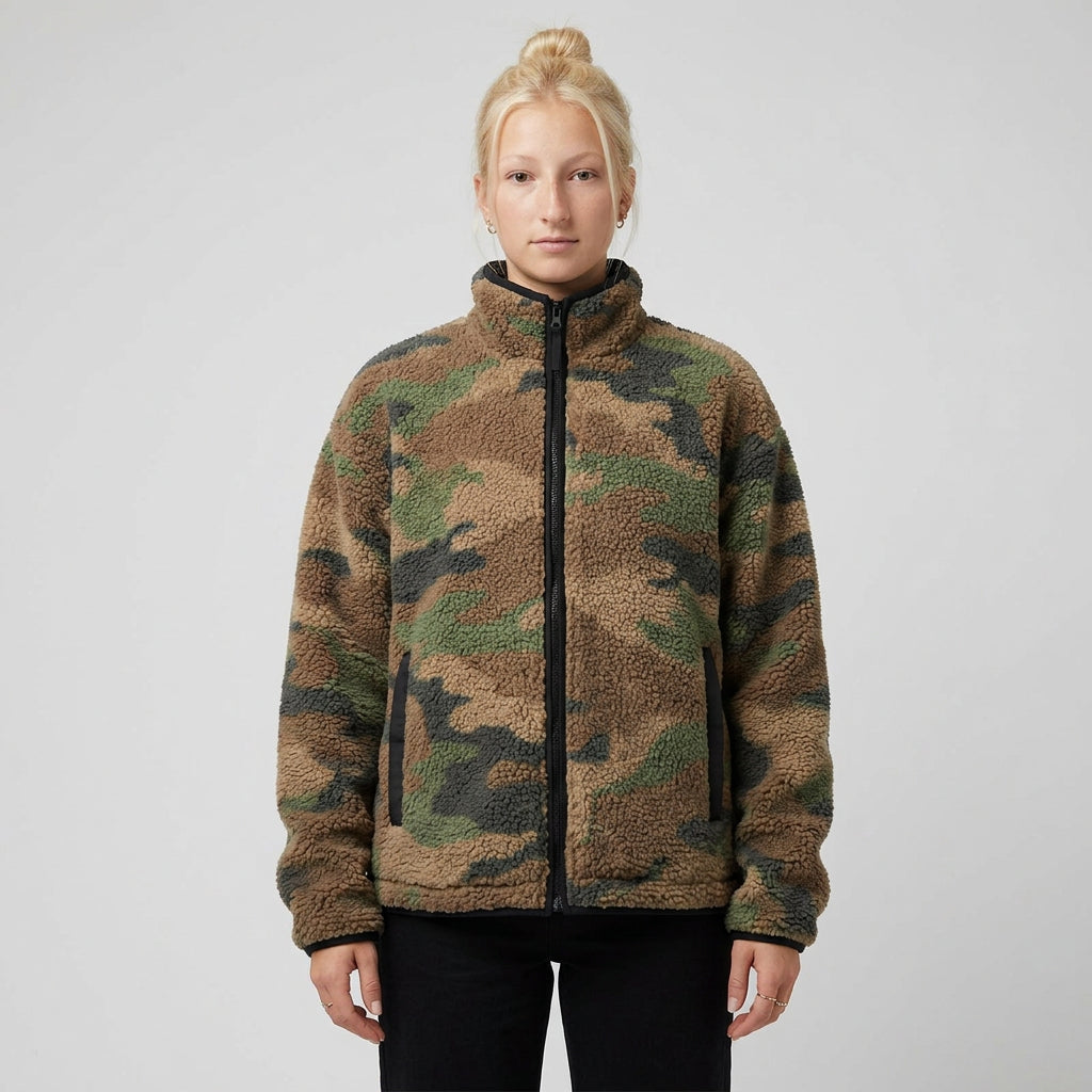 Close-up of textured camouflage fleece on the zip-up jacket