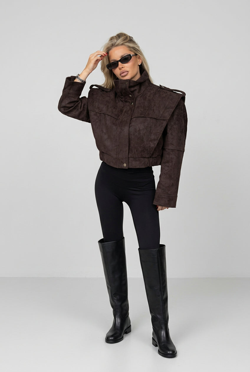 The City Edit women's short stand-collar jacket, available in black and khaki.
