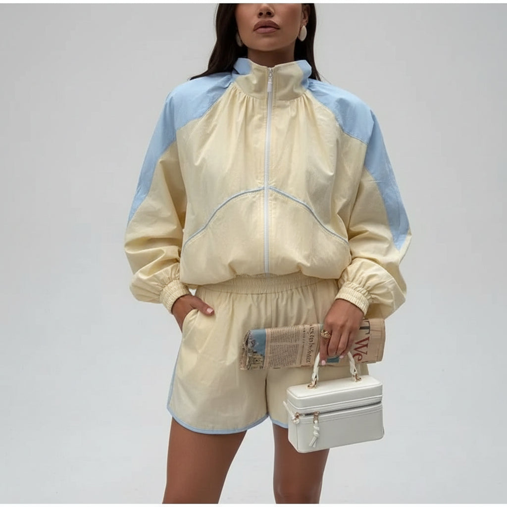 women's two piece shorts set, women's matching shorts set, color block two piece set, women's windbreaker set, women's jacket and shorts set, sporty two piece set women, women's summer outfit set, women's casual two piece outfit, women's athleisure set, women's streetwear set, matching jacket and shorts women, women's vacation outfit, women's travel outfit, women's weekend outfit, women's sporty outfit, women's casual set with shorts, color block outfit women, women's summer matching set, women's tracksuit 