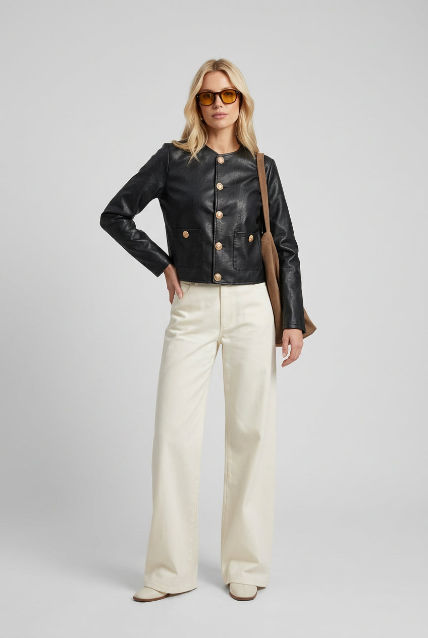 Black faux leather button-up jacket front view