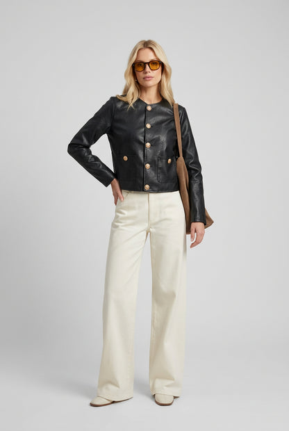 Black faux leather button-up jacket front view