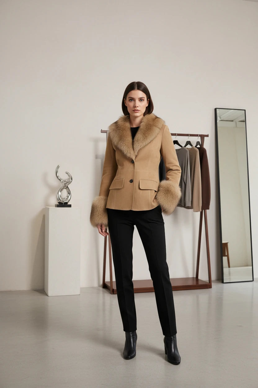 faux fur blazer women, faux fur trimmed blazer, khaki blazer women, women's winter blazer, faux suede blazer women, women's tailored blazer, khaki winter jacket, women's faux fur jacket, tailored winter blazer, women's casual blazer, elegant women's blazer, faux fur trim jacket, women's autumn outerwear, women's winter outerwear, khaki tailored jacket
