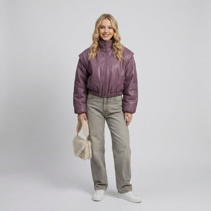 Women's glossy black satin bomber jacket shown from another angle