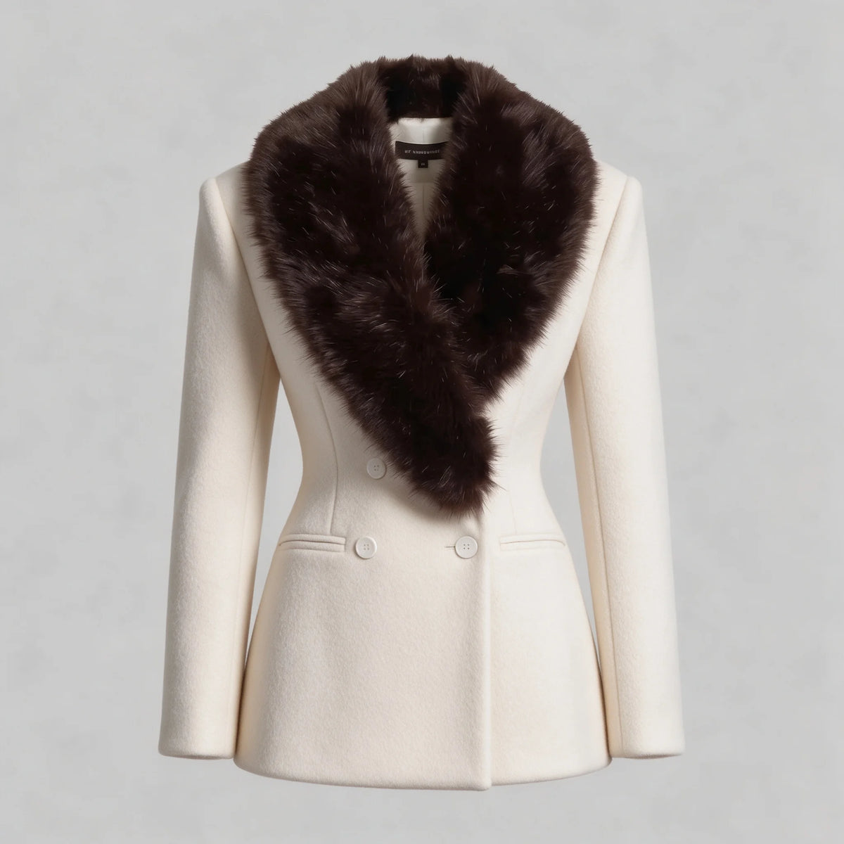 Detail view of the beige coat's collar and tailored front