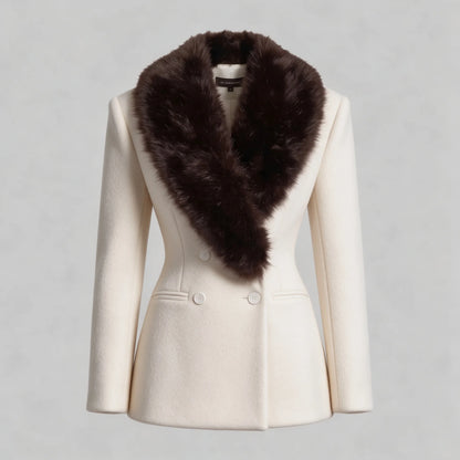 Alternate product view of the beige shawl-collar tailored coat