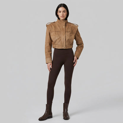 The City Edit women's short stand-collar jacket, available in black and khaki.