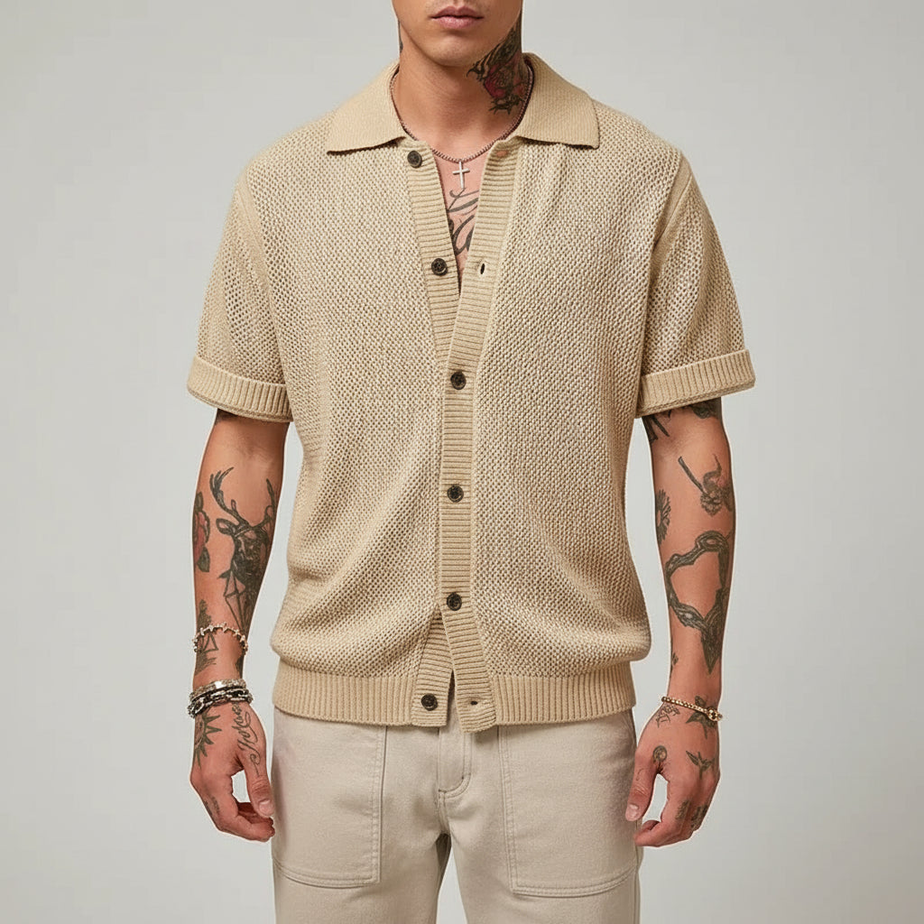 men's crochet polo shirt, crochet knit polo, short sleeve polo shirt, breathable knit polo, men's summer shirt, button up polo shirt, lightweight polo shirt, textured knit polo, men's casual polo, summer knit shirt, men's fashion polo, smart casual menswear, men's summer clothing, men's resort wear, breathable summer top