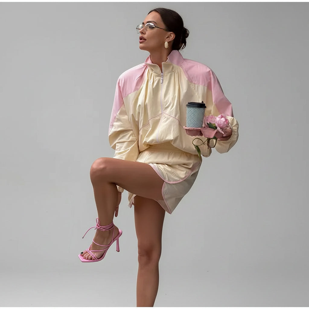 women's two piece shorts set, women's matching shorts set, color block two piece set, women's windbreaker set, women's jacket and shorts set, sporty two piece set women, women's summer outfit set, women's casual two piece outfit, women's athleisure set, women's streetwear set, matching jacket and shorts women, women's vacation outfit, women's travel outfit, women's weekend outfit, women's sporty outfit, women's casual set with shorts, color block outfit women, women's summer matching set, women's tracksuit 