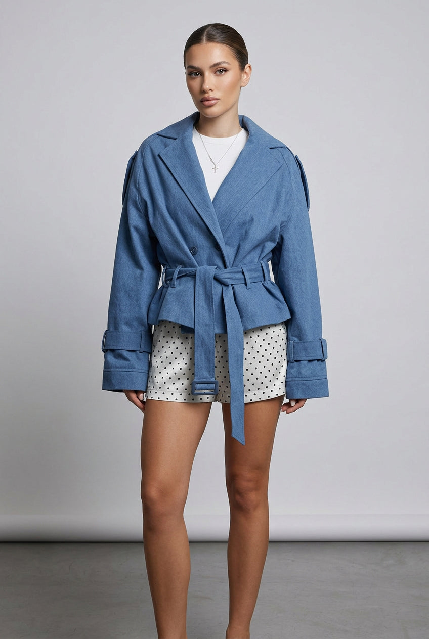 Double-breasted belted jacket with a cape-inspired collar