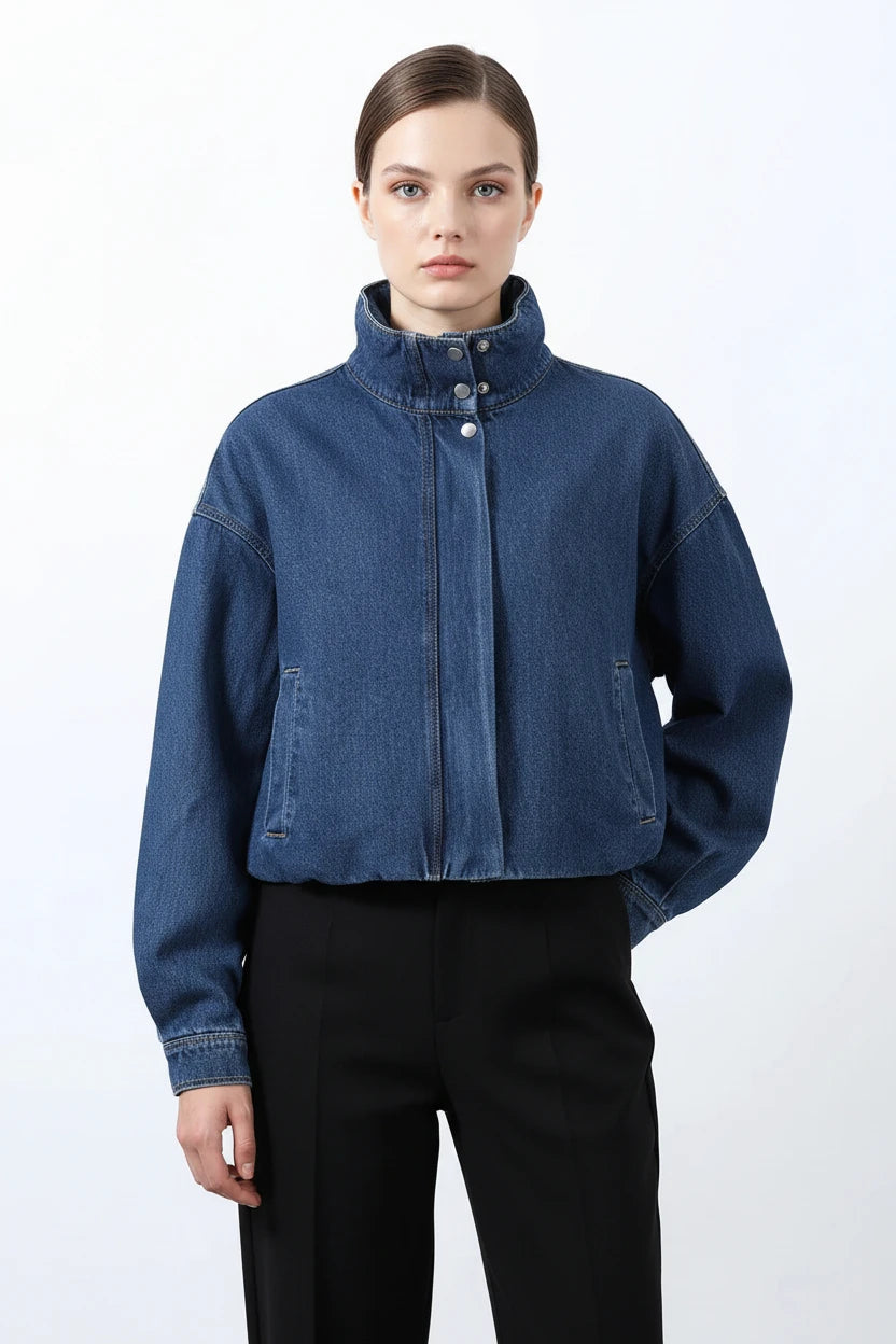 cropped denim jacket women, blue cropped jacket women, women's cropped jacket, stand collar jacket women, relaxed cropped jacket, blue casual jacket women, women's street style jacket, cropped button jacket, women's lightweight jacket, casual women's outerwear, cropped blue jacket, women's spring jacket, women's everyday jacket, relaxed fit jacket