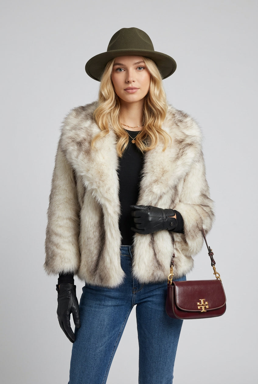 Close-up of the striped faux fur coat texture