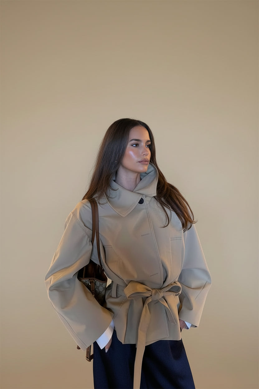 beige waist tie jacket, women's beige jacket, women's batwing jacket, beige lapel jacket, women's waist cinching jacket, relaxed women's jacket, beige fall jacket, women's spring jacket, casual women's outerwear, women's fashion jacket, elegant casual jacket, women's belted jacket