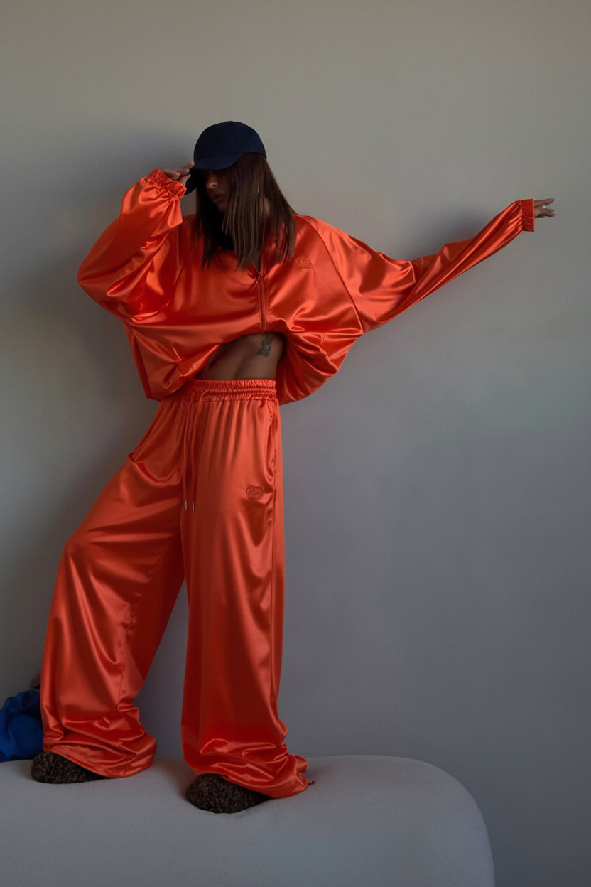 Dansa satin loose long sleeve crop top and wide leg trousers two-piece set streetwear.