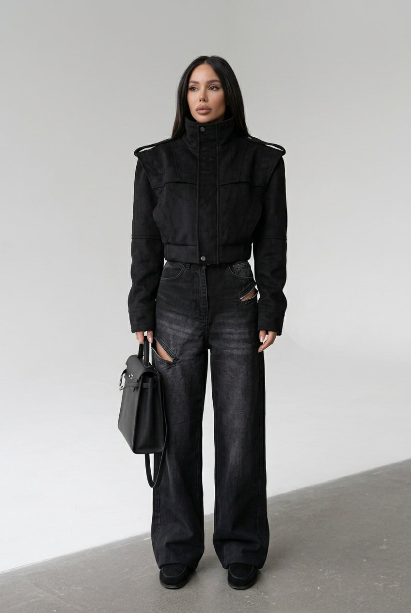 The City Edit women's short stand-collar jacket, available in black and khaki.