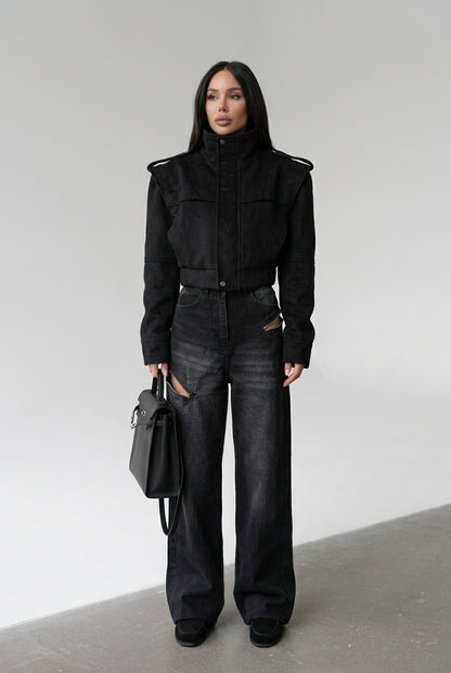 The City Edit women's short stand-collar jacket, available in black and khaki.