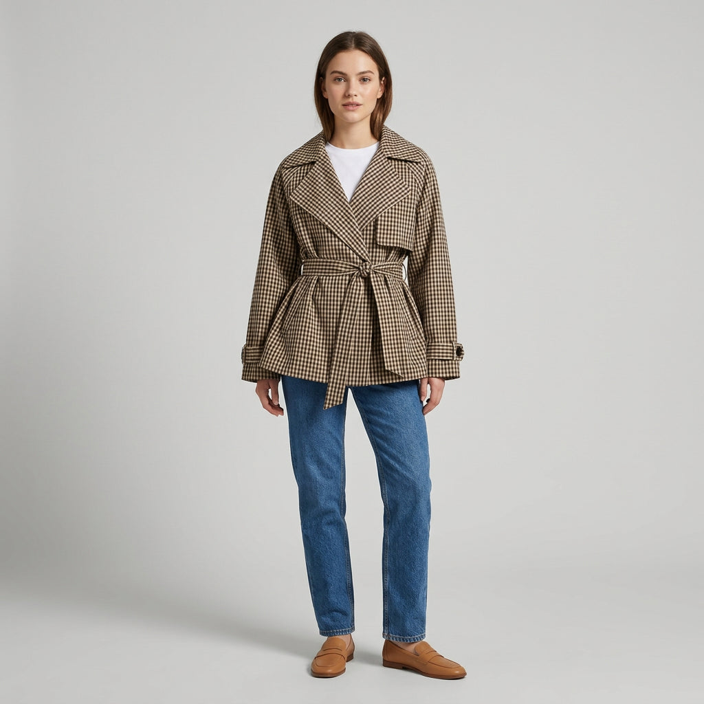 Gingham short trench coat product photo 11