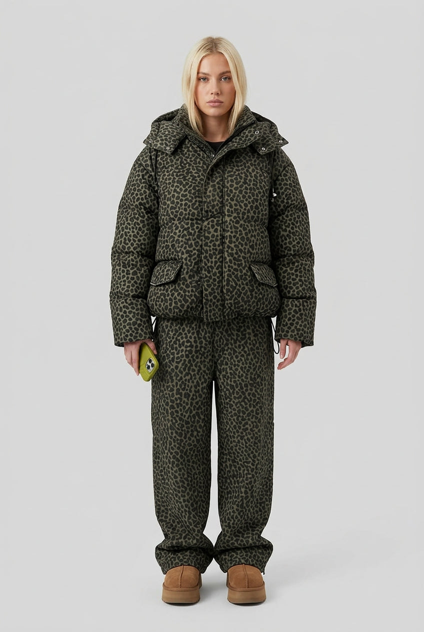 Relaxed zip-up puffer jacket styled with matching loose pants
