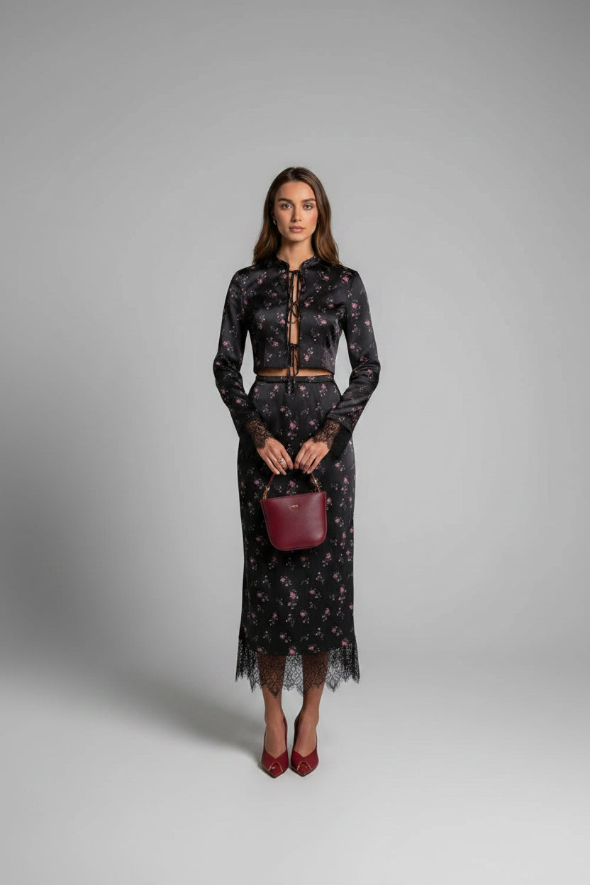 floral two piece set, women's floral skirt set, floral matching set women, women's two piece outfit, floral top and skirt set, long sleeve skirt set, V neck two piece set, women's evening outfit, elegant skirt set women, women's party outfit, date night outfit women, floral evening outfit, matching skirt and top, women's formal evening outfit, slim fit skirt set, floral party outfit, women's autumn outfit, stylish two piece set, black floral skirt set, women's occasion outfit