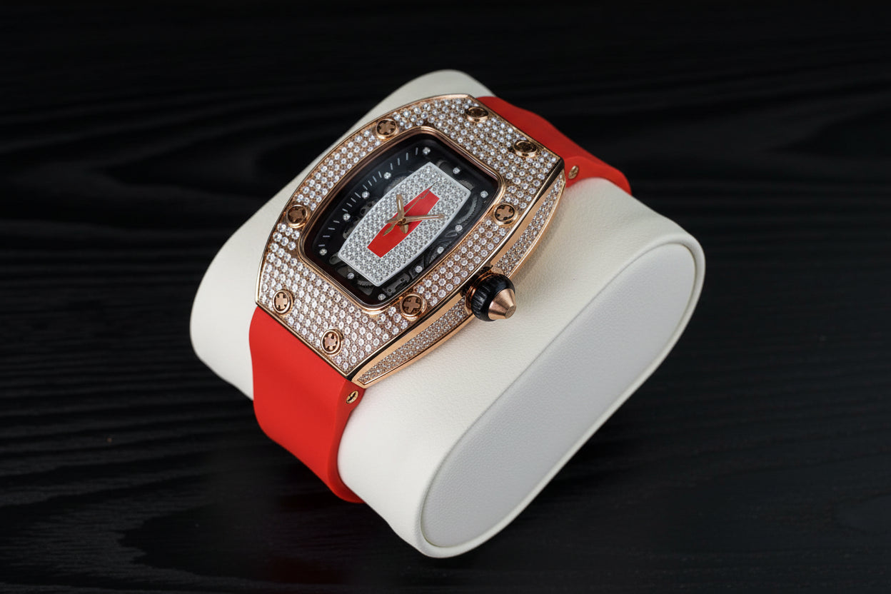 Luxury vortex iced out rubber strap wrist watch.