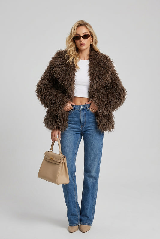 Plush faux fur coat with wide collar in a full front view