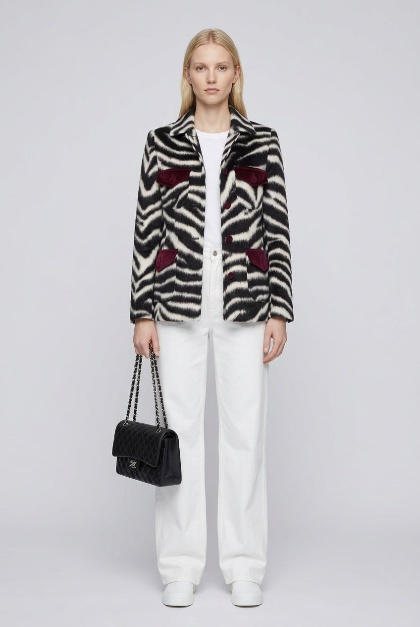 Women's zebra print faux fur jacket with button front