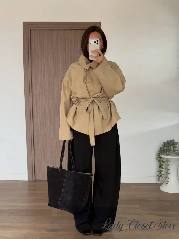 Women's Beige Cotton Blend Wide Lapel Short Jacket Self-Tie Waist-Cinching Loose Batwing Sleeve Coat 2026 Daily Outfit