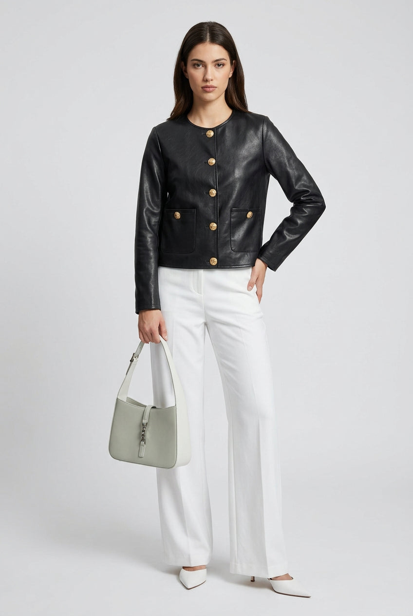 Black faux leather jacket button-front detail