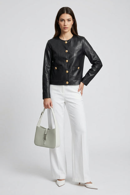 Black faux leather jacket button-front detail