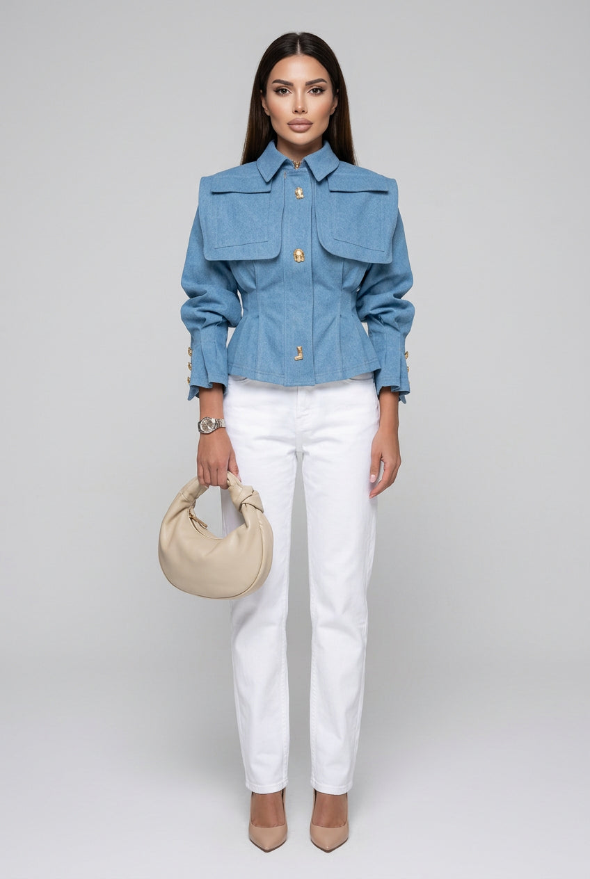 Belted cape-lapel jacket with a defined waist and double-breasted front