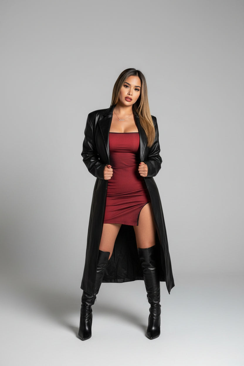 Chica burgundy spaghetti strap mini bodycon dress with side slit.