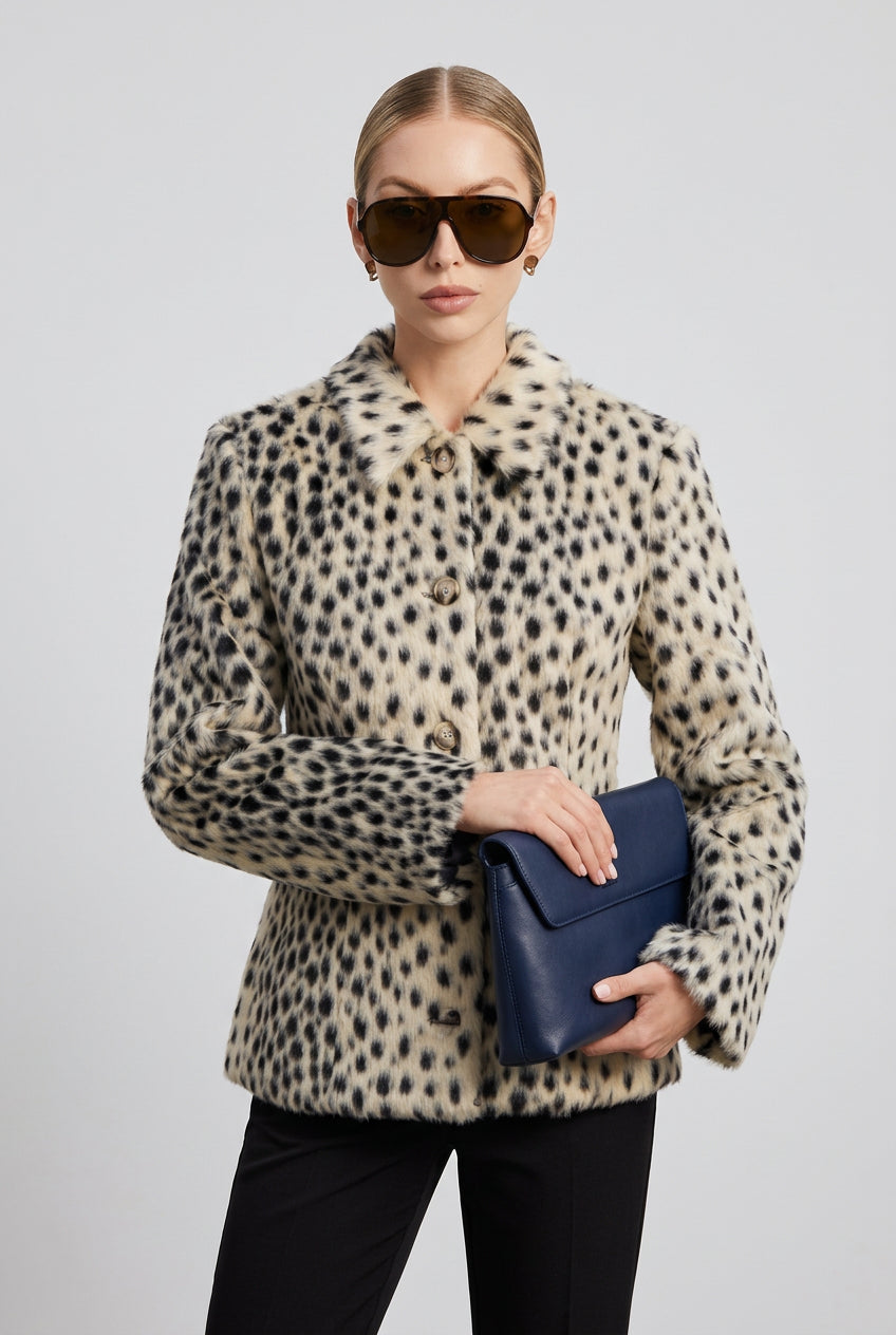 The Leopard Luxe Faux Fur Coat in brown and black leopard print, front view