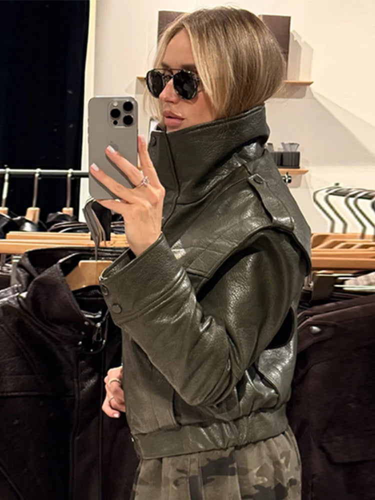 Detail of the stand collar and shoulder shaping on the cropped jacket