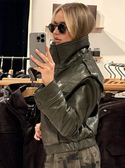 Detail of the stand collar and shoulder shaping on the cropped jacket