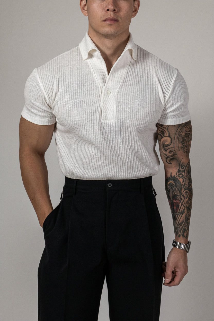 men's ribbed polo shirt, fitted polo shirt, knit polo shirt, short sleeve polo shirt, men's casual polo, slim fit polo shirt, stretch polo shirt, men's smart casual clothing, ribbed knit polo, spread collar polo shirt, men's summer polo, men's fashion polo, breathable polo shirt, men's wardrobe essentials, modern men's clothing