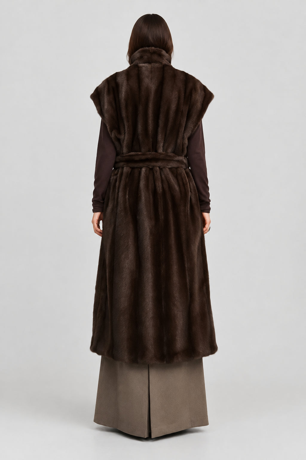Noelle sleeveless faux fur outerwear with belt styling