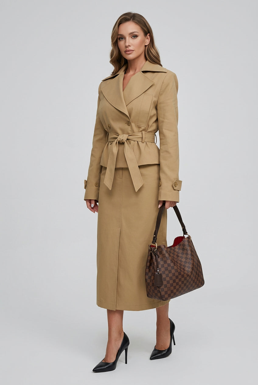 Women's khaki tailored coat and midi skirt fashion set