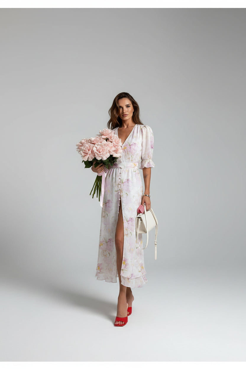 floral chiffon dress, ruffle midi dress, elegant floral dress, women's chiffon dress, V-neck floral dress, summer midi dress, vacation dress, wedding guest dress, romantic floral dress, European summer outfit, feminine midi dress, floral party dress, resort wear dress, date night dress, classy women's dress, lightweight chiffon dress, spring floral dress, elegant summer dress, garden party dress, boutique women's dress, stylish floral dress, side slit midi dress, flowy floral dress, luxury summer dress, chi