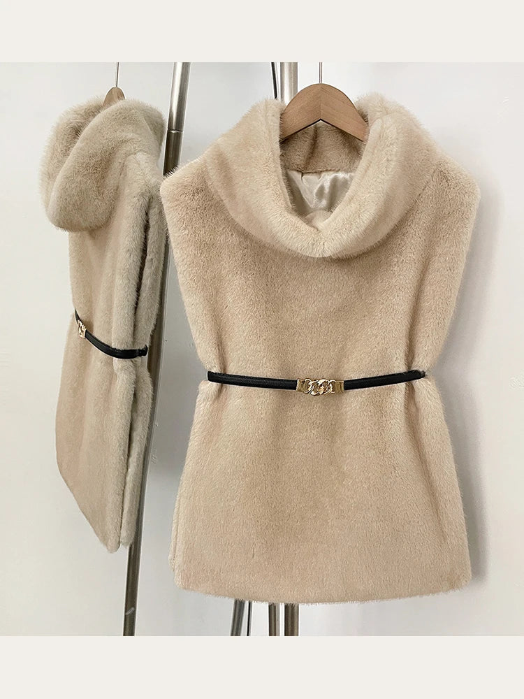 Women's faux fur vest in beige, front view

Women's plush faux fur vest with matching belt

Women's brown faux fur vest, sleeveless design

Women's faux fur vest with long front and short back

Close-up of plush faux fur vest texture

Women's faux fur vest styled with a long-sleeve top