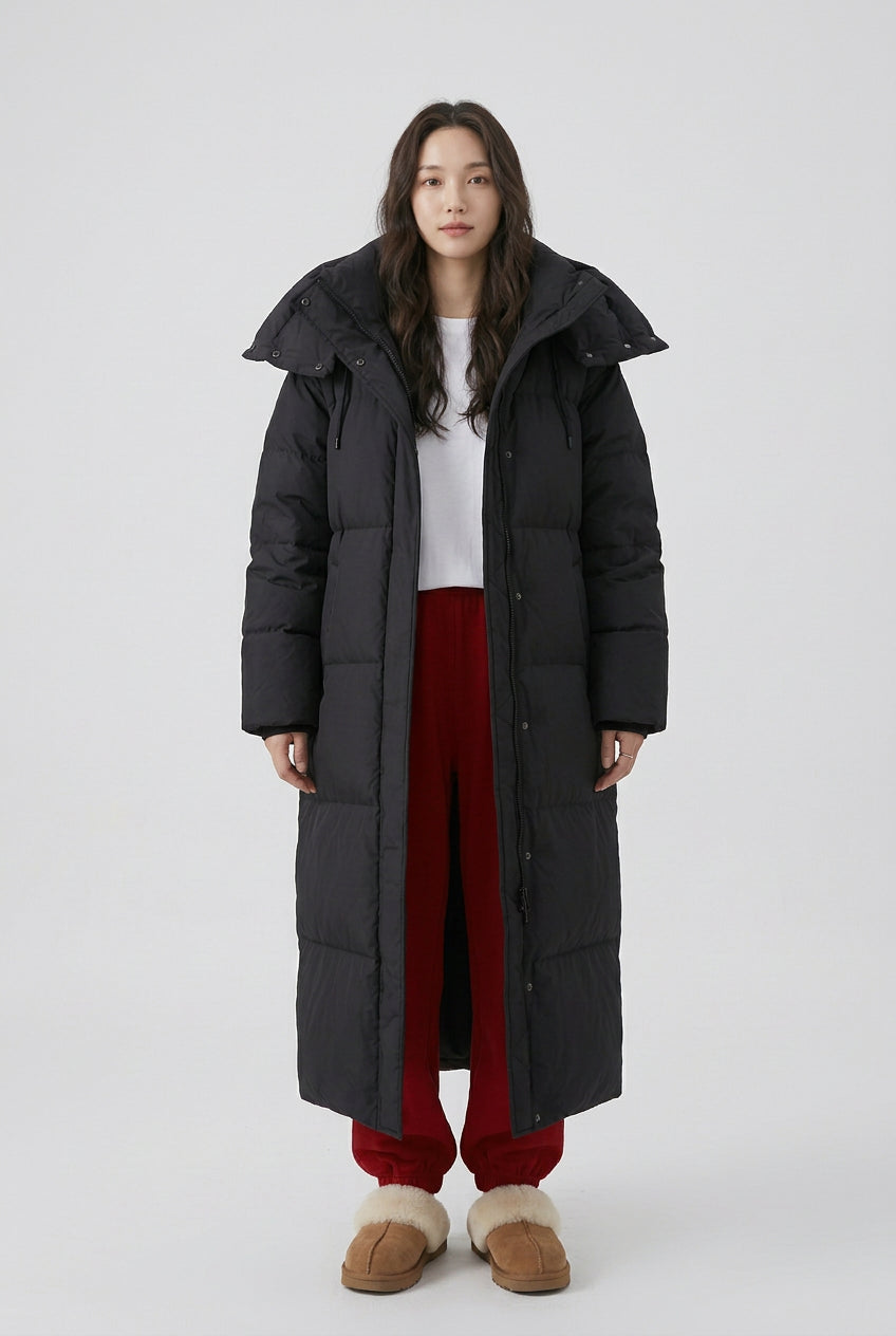 Women's long puffer coat with hood and zip-front closure
