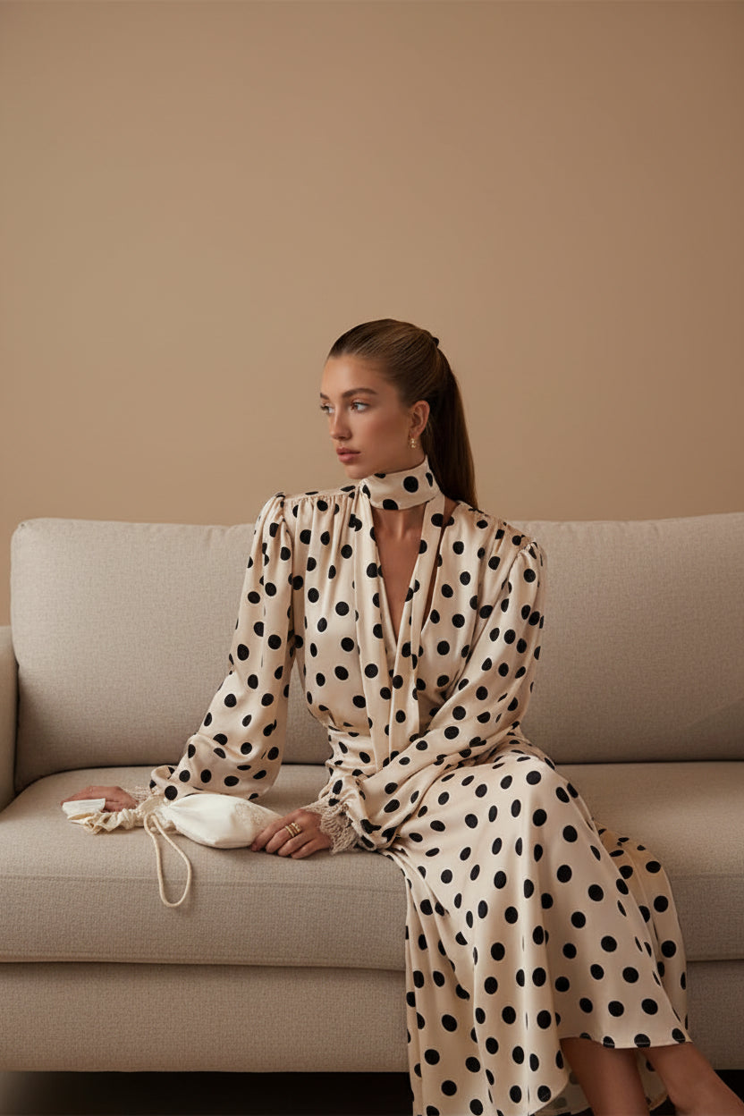 Stacy Satin Polka Dot Long Sleeve Maxi Dress