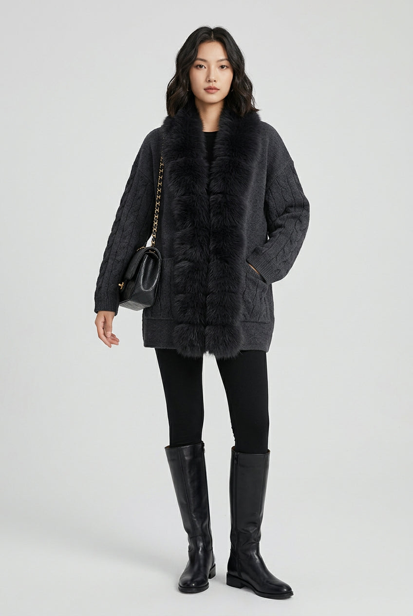 Cable-knit cardigan with faux-fur trim in brown, front view