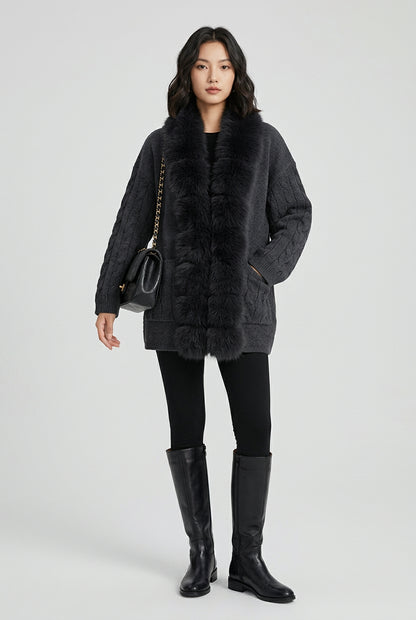 Cable-knit cardigan with faux-fur trim in brown, front view
