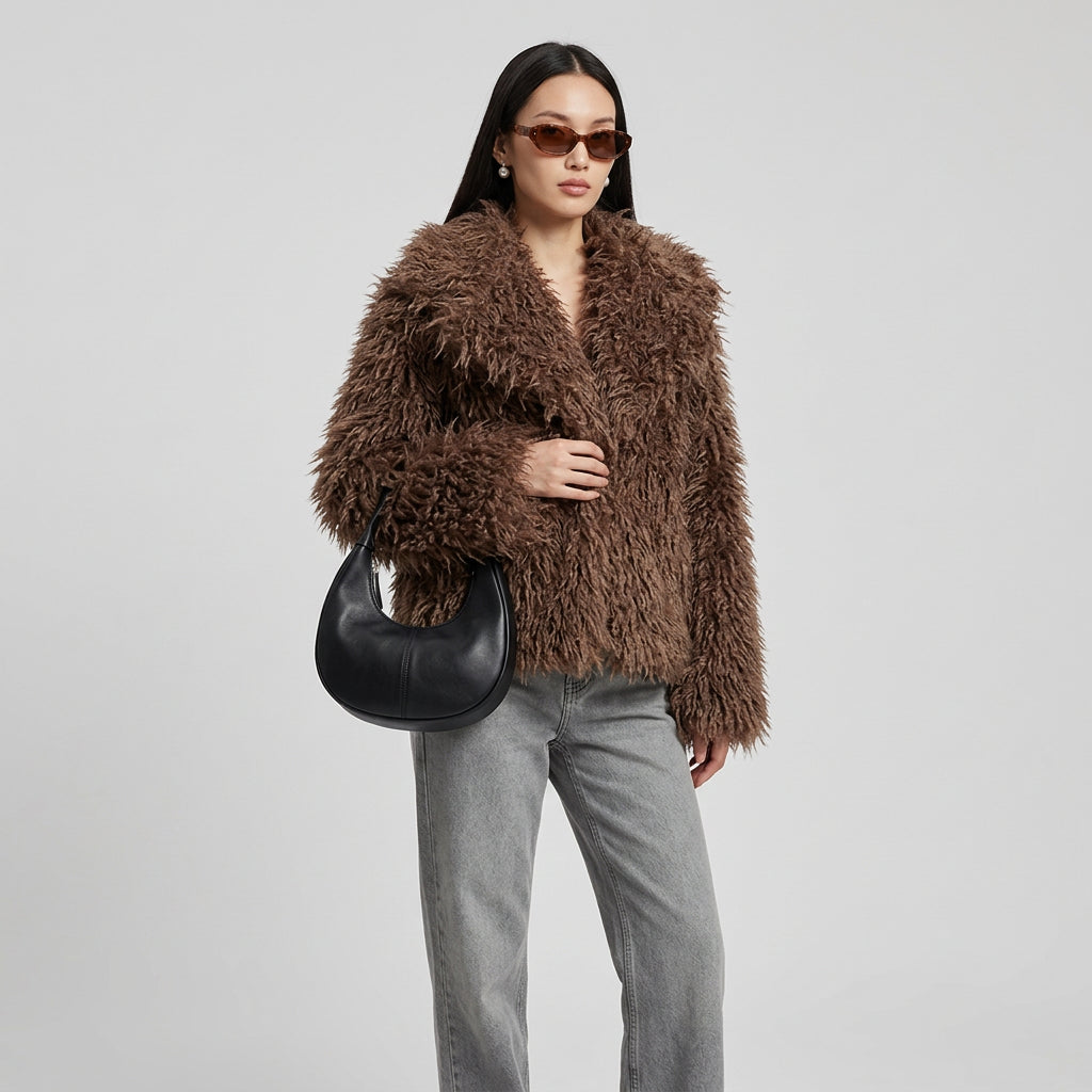 Plush faux fur coat showing its overall silhouette